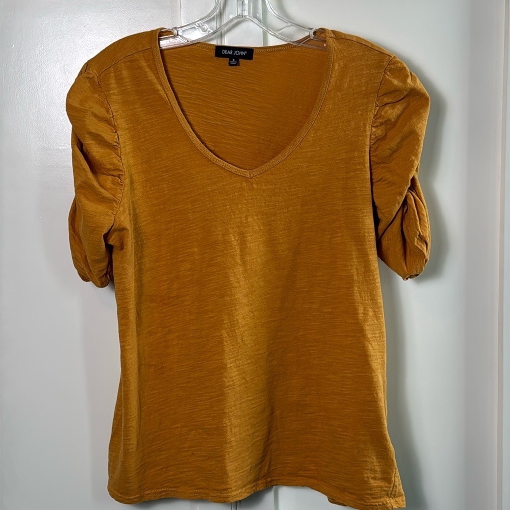 Dear John Mustard Yellow V Neck Puff Sleeve T‎ Shirt Top Size S